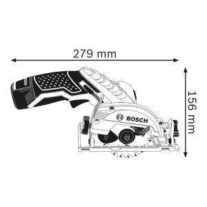 Bosch GKS 12 V-26 Solo akkus körfűrész műszaki rajza. Méretek: 279x156 mm. Precíz kézi fűrész fűrészlappal.