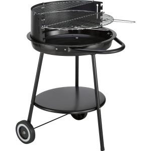 Fekete faszenes kerek grill melegentartó ráccsal és kerekekkel kertbe, teraszra és erkélyre.