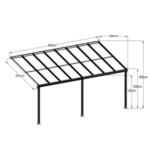 Műszaki rajz Floraworld antracit teraszfedés, méretek 496x303 cm, 3 láb.