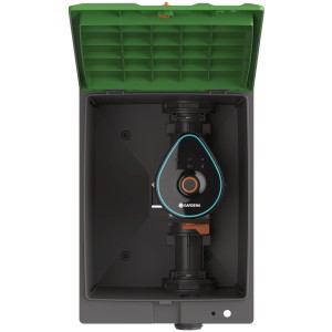 Gardena 9 V Bluetooth öntözőszelep nyitott házban. Vezérlőegység az automatikus kertöntözéshez.