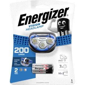 Energizer Vision fejlámpa 3xAAA elemmel, kék díszítéssel, 200 lumen, kempingezéshez és szabadtéri használatra.