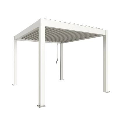 Fehér Biohort pergola 3x3,5 m: Modern teraszfedés lamellákkal és vízelvezetéssel.