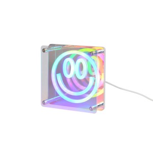 Négyzet alakú LED asztali lámpa mosolygó arccal és RGB színváltással, fehér, átlátszó.