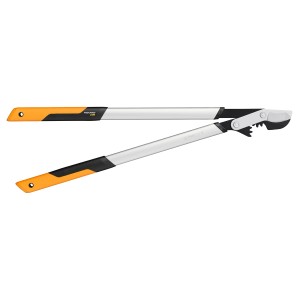 Fiskars PowerGear LX98-L áttételes ágvágó olló bypass pengével, alumínium karokkal és narancs-fekete markolattal.