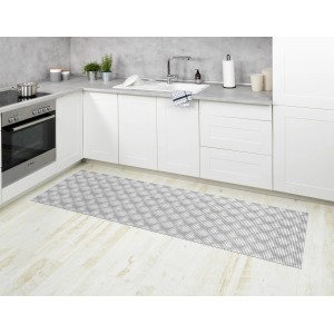 Wenko Flow szürke fürdőszobaszőnyeg 65x200 cm konyhai környezetben. Sokoldalú, szürke mintás műanyag szőnyeg.