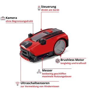 Einhell Freelexo Cam 500 robotfűnyíró piros színben, kamerával és ultrahangos érzékelőkkel.