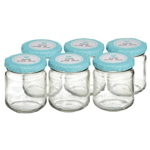 6 darabos, 212 ml-es befőttesüveg készlet mentaszínű csavaros tetővel és "Made with Love" felirattal.