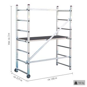 Krause Corda 3 m-es gurulóállvány kerekekkel, alumínium, max. 150 kg teherbírás.