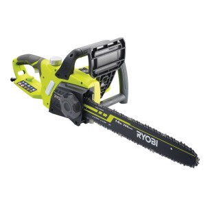 Ryobi elektromos láncfűrész, ideális kertészkedéshez és faágak vágásához.