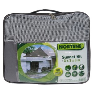 Csomagolt szürke Nortene 3x3x3m t.b.t. napvitorla hordtáskában.