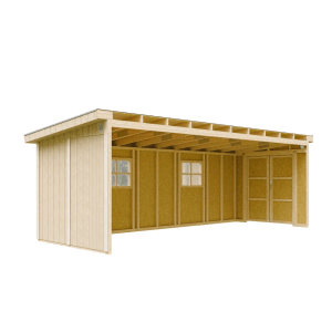 Timbela Premium M941B tároló, 14,3 m², bézs-barna, két ablakkal és dupla ajtóval. Fa kerti ház.