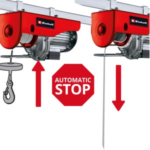 Einhell TC-EH 500 elektromos kötélcsörlő drótkötéllel, teherhoroggal és piros "Automatic Stop" táblával.