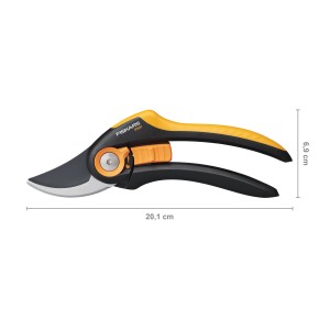 Fiskars Bypass metszőolló Plus SmartFit P541, kerti olló sárga-fekete nyéllel és állítható nyílásszélességgel.