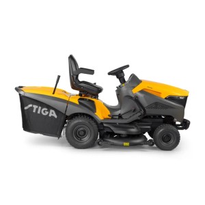 Sárga Stiga fűnyíró traktor, oldalnézet.