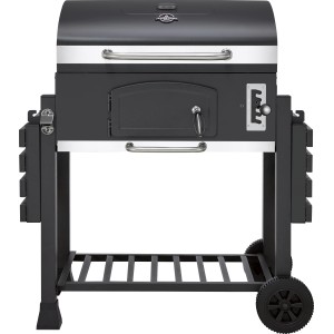 Fekete Jamestown Jaxon XL faszenes grill fedőhőmérővel és polcokkal.