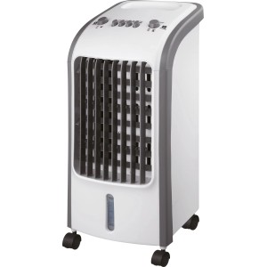 Fehér-szürke Cool Air LK-8026 léghűtő kerekekkel, 3,5 literes tartállyal és kezelőszervekkel.