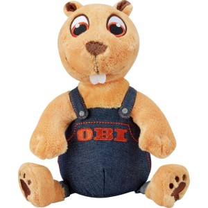 OBI Hód plüssállat, narancssárga, ülő, farmer overállban és OBI logóval. Ölelhető dekorációs figura gyerekeknek.