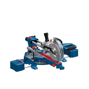 Bosch Professional GCM 305-216 S gérvágó kék színben, fűrészlappal és átlátszó védőburkolattal.