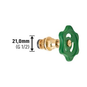 Sárgaréz ferde ülésű szelep 21 mm (G 1/2) zöld kézikerékkel vízvezetékekhez.