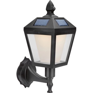 Fekete napelemes LED kültéri lámpa antik lámpás designban, alumíniumból, falra szerelve. Napelemekkel.