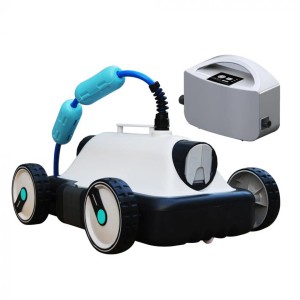 Fehér medence robot kék úszókábellel és vezérlőegységgel.
