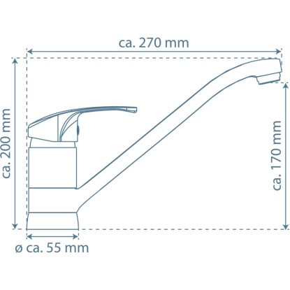 A Schütte Design Grande króm mosogató csaptelep vázlata méretekkel.