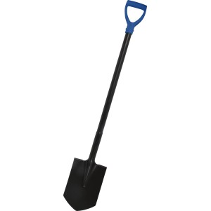 Erős fekete acél ásó kék ergonomikus D-fogantyúval kerti munkákhoz.