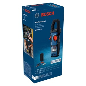 A Bosch Professional GMC 600-15 árammérő fogó csomagolása. Kék design termékképpel és tartozékokkal.