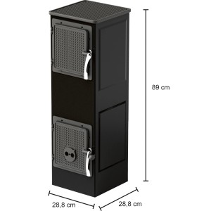 Fekete acél műhelykályha, 6 kW, két ajtóval és méretekkel.