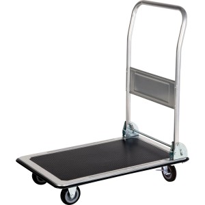 Platformkocsi összecsukható fogantyúval, 150 kg teherbírással és csúszásmentes gumifelülettel.