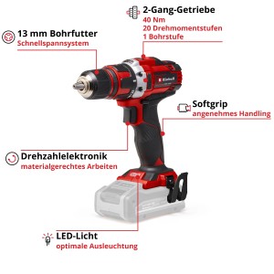 Einhell TE-CD 18/40 Li Solo akkus fúró-csavarozó, piros/fekete, 13 mm-es fúrótokmánnyal és LED-es lámpával.