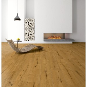 Kaindl Masterfloor Life laminált 8,5 mm vízálló Sunderland tölgy egy modern nappaliban.