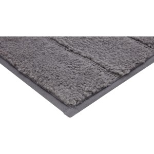 Sötétszürke fürdőszobaszőnyeg 50x80 cm poliészterből, sűrű, puha szálakkal és finom hosszanti csíkokkal.