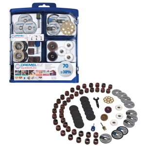 Dremel EZ SpeedClic tartozékkészlet SC725, 70 részes miniszerszámokhoz. Tárcsák, szalagok vágáshoz, csiszoláshoz, polírozáshoz, tokban.