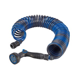 LUX-TOOLS zuhanyszett spiráltömlővel, 5 szórófejjel, kék/szürke.