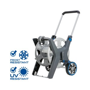 LUX-TOOLS Professional fém tömlőkocsi, szürke-kék, kerekekkel és állítható fogantyúval. Fagy- és UV-álló.