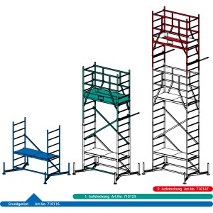 Krause ClimTec állvány: alapkeret, 1. és 2. bővítés kék, zöld és piros színben.