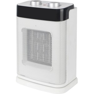 Kompakt Malma kerámia fűtőtest fehér-fekete színben, 1500 W ventilációval. Modern elektromos fűtő rácsos előlappal.