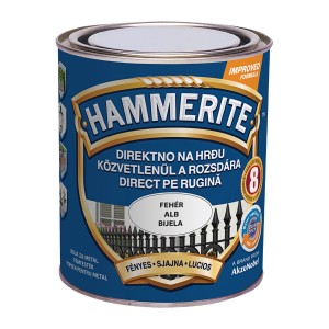 Sötétkék Hammerite rozsdavédő festék fémre, fehér színben.