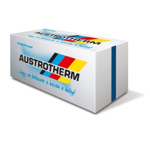 Austrotherm hőszigetelő csomag, fehér keményhab táblák kék csíkkal.