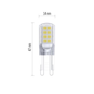 G9 LED fényforrás méretekkel (47 mm hosszúság, 14 mm átmérő).