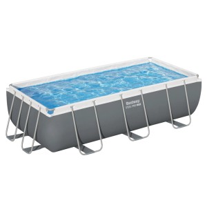 Bestway Steel Pro Max Frame téglalap alakú acélvázas medence, szürke, kék vízzel. Stabil acélszerkezet.