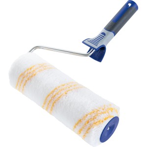 LUX TOOLS Durva festőhenger 26 cm strukturált falakhoz, fehér henger sárga csíkokkal és kék fogantyúval.