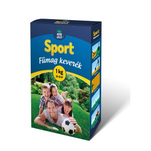 Sport fűmag csomagolás: Család zöld gyepen focilabdával. Ideális strapabíró sportpályákhoz.