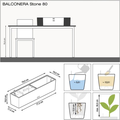 Lechuza Balconera Stone 80, kőszürke virágláda méretekkel és öntözési útmutatóval.