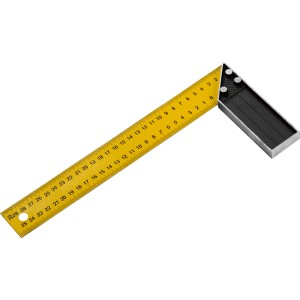 Sárga szénacél derékszög ütközővel, 300 mm szárhossz, 90°-os szögek jelöléséhez.