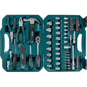 Makita szerszámkészlet E-10899, 76 darabos kék tokban kalapáccsal, fogókkal, csavarkulcsokkal és bitekkel.