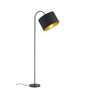 Fekete design állólámpa arany lámpaernyővel belül.