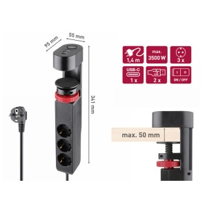 Fekete 3-as elosztó USB-A/USB-C portokkal, kapcsolóval és asztali bilinccsel, 1,4m kábellel.