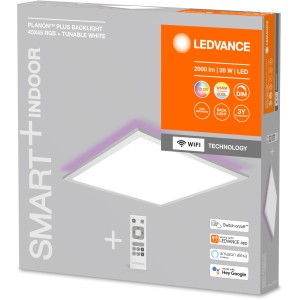 A Ledvance Planon Plus 45x45 cm-es LED mennyezeti lámpa csomagolása távirányítóval.